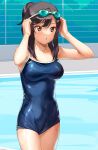  1girl a1 blue_swimsuit breasts brown_eyes brown_hair character_name competition_school_swimsuit cowboy_shot goggles goggles_on_head high_ponytail ichijou_hotaru large_breasts medium_hair non_non_biyori one-piece_swimsuit parted_lips poolside solo swimsuit wet 