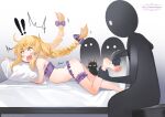  ! !! 1girl 3others artist_request barefoot bed bed_sheet bikini black_cat blonde_hair blush braid breasts cat feet floating_hair foot_massage frilled_thigh_strap hair_ribbon highres hugging_object little_witch_nobeta long_hair lying multiple_others nobeta nobeta_(swimsuit_skin) official_art on_bed on_stomach open_mouth phyllis_(cat)_(little_witch_nobeta) phyllis_(little_witch_nobeta) pillow pillow_hug purple_bikini red_eyes ribbon small_breasts swimsuit thigh_strap toes twin_braids twintails very_long_hair 