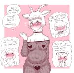  2021 angora_goat anthro beastars blush body_stocking bovid breasts canid canine canis caprine cheetah chest_tuft clothed clothing dialogue domestic_goat els_(beastars) embarrassed english_text felid feline female fishnet_clothing fur goat group heart_pasties heart_symbol hi_res horn juno_(beastars) looking_at_viewer mammal mutedlavender navel pasties peach_(beastars) sheep sheila_(beastars) slightly_chubby slightly_chubby_female solo_focus text tuft white_body white_fur wolf 