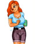  aaronhibiki anthro beauty_mark big_breasts black_eyes bottomwear breasts brown_nose canid canine canis cleavage clothed clothing colored_nails curvaceous curvy_figure denim denim_clothing disney domestic_dog female goof_troop hair hi_res holding_object huge_breasts jeans mammal mole_(marking) nails one_eye_obstructed orange_hair pants piercing red_hair roxanne_(goof_troop) solo tight_clothing voluptuous 
