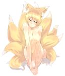  animal_ears bad_id bad_pixiv_id barefoot blonde_hair blonde_pubic_hair breasts colored_pubic_hair fox_ears fox_tail highres kusanagi_kaoru large_breasts nipples nude pubic_hair seductive_smile short_hair smile solo tail touhou yakumo_ran 