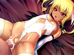  1boy 1girl ahly_kisaka_enaayateii akai_migiwa aoi_nagisa_(artist) bed blonde_hair breasts censored choker cum dark_skin fuhou_sounyuu fuhou_sounyuu_ikesu_no_juunin gloves inside leotard leotard_aside mosaic_censoring penis pussy red_eyes ribbon saliva sex short_hair small_areolae small_breasts small_nipples stockings sweat tan tears thighhighs twintails 