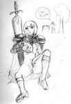  1girl armor armored_boots blonde_hair boots cape clare_(claymore) claymore claymore_(sword) greyscale masturbation monochrome naked_cape nipples parody pussy raki_(claymore) sketch sword weapon 