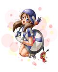  :d ai_(snk) artist_request beret blue_eyes brown_hair dress gloves hat highres looking_at_viewer looking_back neo_geo_battle_coliseum neo_geo_pocket_color neo_poke-kun official_art open_mouth outstretched_arm puffy_short_sleeves puffy_sleeves short_sleeves sidelocks smile snk solo striped vertical_stripes white_dress white_gloves 