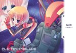  bent_over blonde_hair blue_eyes blush bodysuit breasts cockpit cover doujinshi flat_chest floating gundam gundam_zz medium_breasts monitor puru_two sasorigatame short_hair solo space topless zero_gravity 