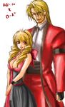  1girl artist_request blonde_hair breasts cleavage corset crown drill_hair facial_hair father_and_daughter formal height_difference large_breasts lowres mini_crown mustache red_eyes rose_bernstein rugal_bernstein suit the_king_of_fighters twin_drills twintails 
