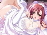  1boy 1girl bent_over blush breasts cleavage clothed_sex dress from_behind game_cg garter_belt open_mouth sex thighhighs wedding_dress 