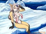  2008 animal_ears areolae arm_up artist_name black_fur blue_submarine_no_6 blush breasts brown_fur cleft_of_venus day dr.comet english eyelashes fingernails furry grey_hair half-closed_eyes hand_in_hair highres iceberg long_hair looking_at_viewer medium_breasts mutio nature nipples nude ocean outdoors red_eyes sharp_fingernails soaking_feet solo uncensored water watermark web_address white_fur 