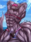  10ntor0 abs bathym butt canid canine canis clothed clothing demon fur hands_behind_head horn male mammal muscular muscular_male pubes purple_fur skimpy solo speedo swimming swimsuit tokyo_afterschool_summoners video_games visor_cap wolf 
