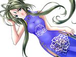  aa_megami-sama belldandy blue_eyes breasts china_dress chinese_clothes dress earrings facial_mark forehead_mark green_hair jewelry large_breasts long_hair navel nipples no_bra no_panties pubic_hair see-through simple_background solo thighhighs very_long_hair 