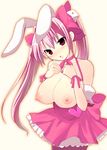  animal_ears blush breasts bunny_ears di_gi_charat dice dice_hair_ornament dress hair_ornament huge_breasts kujiran long_hair nipples pantyhose pink_hair puffy_nipples red_eyes ribbon solo twintails usada_hikaru 