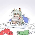  bad_id bad_pixiv_id blush caved chibi clothes_on_floor ex-keine fujiwara_no_mokou horn_ribbon horns kamishirasawa_keine multiple_girls object_on_head panties panties_on_head ribbon rif sex sweat touhou underwear yuri 