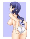  ass blue_eyes blue_hair braid breasts large_breasts long_hair looking_back nipples original panties puffy_nipples smile solo topless underwear white_panties yukimasa_(nkk145) 