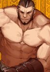  1boy abs bandaid bandaid_on_cheek bara bare_pectorals beard black_hair bulge cyphers damian_doyle_(cyphers) dark_skin dark_skinned_male facial_hair gomtang large_pectorals male_cleavage male_focus male_pubic_hair mature_male mohawk muscular muscular_male navel navel_hair nipples pectorals penis pubic_hair short_hair sideburns sidepec solo stomach stubble thick_thighs thighs third-party_source 