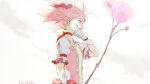  1girl artist_name ashes back_bow bleeding blood bow bow_(weapon) choker dress frilled_dress frills from_side gloves holding holding_bow_(weapon) holding_weapon kaname_madoka magic magical_girl mahou_shoujo_madoka_magica outdoors pink_dress pink_eyes pink_hair puffy_short_sleeves puffy_sleeves red_bow red_neckwear short_hair short_sleeves short_twintails soul_gem twintails twitter_username un_nm5sy upper_body weapon white_gloves 