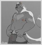 anthro areola bodily_fluids body_hair bottomwear bottomwear_down bulge chest_hair chest_tuft clothed clothing cougar digital_media_(artwork) dripping ear_piercing eye_scar eyebrow_slit eyebrows eyes_closed facial_scar felid feline fur fur_markings hair happy hi_res jockstrap male mammal markings nipple_piercing nipples nuttfrostbite partially_clothed piercing pink_nipples pubes scar shaded shorts shorts_down signature simple_background slightly_chubby smile solo tail teeth topless tuft underwear wet wet_clothing wet_jockstrap wet_underwear