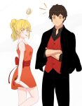  1boy 1girl black_jacket black_pants black_shirt blonde_hair collared_shirt crossed_arms dress freckles highres jacket jacket_on_shoulders knife looking_at_viewer mockingeu notice_lines orange_dress pants ponytail rachel_(tower_of_god) red_vest shirt spoken_squiggle squiggle tongue tongue_out tower_of_god twenty-fifth_bam vest yellow_eyes 