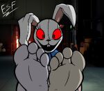  2020 4_toes absurd_res accessory anthro barefoot blue_bow bow_tie buckteeth bunny_costume clothing costume countershade_feet countershading crossed_legs digital_media_(artwork) electricsnowfox eyelashes feet female five_nights_at_freddy&#039;s five_nights_at_freddy&#039;s:_security_breach floppy_ears foot_fetish foot_focus front_view fur fursuit grey_body grey_fur hi_res humanoid_feet lagomorph leporid long_ears looking_at_viewer lop_ears mammal multicolored_body multicolored_fur open_mouth presenting rabbit rabbit_fursuit red_sclera ribbons sitting smile soles solo stitch_(disambiguation) tan_body tan_fur teeth toes two_tone_body vanny_(fnaf) video_games white_body white_fur 