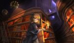  1girl blonde_hair blue_cloak blue_hairband book bookshelf bow_hairband candle candlelight chandelier cloak dress expressionless hairband highres indoors library looking_at_viewer medium_hair original shoulder_strap solo ume_(illegal_bible) white_dress 