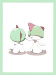  absurdres border colored_skin commentary_request gen_3_pokemon green_border hands_up head_down highres no_humans open_mouth pokemon pokemon_(creature) ralts shabana_may smile standing tongue white_background white_skin 