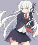  1girl bangs black_gloves black_jacket black_ribbon blunt_bangs blush braid closed_mouth collared_shirt commentary_request contrapposto cowboy_shot danganronpa:_trigger_happy_havoc danganronpa_(series) gloves grey_background hair_ornament hair_ribbon hajime_daijo highres jacket kirigiri_kyouko long_hair long_sleeves looking_at_viewer miniskirt necktie noise open_clothes pleated_skirt purple_eyes ribbon shirt side_braid simple_background single_braid skirt solo white_hair white_shirt 