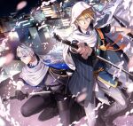  2boys aqua_eyes black_gloves black_pants blonde_hair blue_eyes cityscape cloak collared_shirt gloves highres katana male_focus multiple_boys necktie noes one_knee pants petals sheath shirt sword touken_ranbu unsheathing weapon white_hair white_pants yamanbagiri_chougi yamanbagiri_kunihiro 