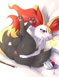 3_toes absurd_res anthro arm_tuft bedding biped blep blush bodily_fluids braixen breath_powers butt clitoris digitigrade elemental_manipulation eryz facing_aside feet female female_anthro feral fire fire_breathing fire_manipulation fur generation_6_pokemon genital_fluids genitals hi_res humanoid_genitalia humanoid_pussy inner_ear_fluff looking_at_viewer love_ball lying multicolored_body nintendo nude on_back pawpads pink_pawpads pokeball pokemon pokemon_(species) pupils pussy ring shoulder_tuft signature soles solo spread_pussy spread_toes spreading stick thick_thighs three-quarter_view toes tongue tongue_out tuft urethra vaginal_fluids