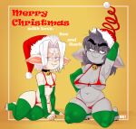 2024 5_fingers 5_toes absurd_res albino areola areola_slip armwear bangs bell bell_collar bianca_(nerdbayne) big_breasts bikini biped black_hair black_nails breasts card christmas christmas_card christmas_clothing christmas_headwear clothed clothing collar colored_nails deep_navel duo elbow_gloves english_text eyebrows fangs feet female female_humanoid fingerless_gloves fingers gloves goblin green_nails grey_body grey_skin hair hand_behind_head handwear hat headgear headwear hi_res holiday_card holiday_message holidays humanoid humanoid_pointy_ears jingle_bell jingle_bell_collar kneeling legwear looking_at_viewer lying messy_hair micro_bikini multicolored_nails nails navel nerdbayne not_furry on_side pale_body pale_skin pointy_ears pointy_nose pussy_peek rachel_(nerdbayne) raised_arm red_eyes red_nails santa_hat short_hair signature simple_background skimpy slightly_chubby small_breasts smile stirrup_stockings stockings swimwear teeth text thick_eyebrows thick_thighs toes two-piece_swimsuit white_hair wide_hips yellow_background