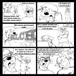 angry anthro artist_logo black_and_white bottle burping comic complaining container crossed_arms dialogue duo eye_poke eyewear glasses humor logo male mammal mean monochrome mustelid open_mouth otter pandottermon profanity slur
