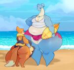 1_horn 2024 2_tails anthro anthrofied armband artist_name balls beach belly big_balls big_belly big_breasts big_butt big_penis black_markings blue_body blue_skin blush bodily_fluids breasts bulge butt canid canine clothed clothing cloud colored detailed_background digital_drawing_(artwork) digital_media_(artwork) dozighost duo english_text erection erection_under_clothing feet floatzel fur furgonomics generation_1_pokemon generation_4_pokemon genitals glistening glistening_belly glistening_body glistening_butt glistening_moobs glistening_thighs gynomorph head_tuft hi_res holding_object horn huge_butt huge_thighs intersex jewelry lapras larger_anthro larger_male male mammal markings moobs multi_tail multicolored_body multicolored_fur navel necklace nintendo orange_body orange_fur overweight overweight_anthro overweight_male penis piercing pokemon pokemon_(species) pokemorph portrait question_mark sand shaded shark_tooth_necklace shirt signature size_difference sky smaller_anthro smaller_gynomorph smaller_intersex speech_bubble spots spotted_body standing surfboard sweat sweatdrop swimming_trunks swimwear tail tan_body tan_fur tan_skin tank_top teeth tenting text thick_penis thick_thighs topwear tuft two_tone_body two_tone_tail undersized_clothing underwear water wide_hips