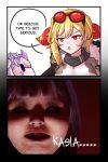  2girls absurdres blonde_hair english_commentary english_text eyewear_on_head grey_hair highres hololive hololive_english hololive_indonesia jewel_under_eye kaela_kovalskia kaela_kovalskia_(1st_costume) koseki_bijou long_hair multiple_girls open_mouth purple_eyes red-tinted_eyewear red_eyes seapupu speech_bubble tinted_eyewear virtual_youtuber 