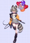  1girl 786(nayam) absurdres animal_ears anniversary balloon black_choker choker collarbone commission english_commentary grey_hair grey_shirt highres holding holding_balloon hood hoodie indie_virtual_youtuber off-shoulder_shirt off_shoulder open_hand open_mouth orange_hoodie raccoon_ears raccoon_girl raccoon_tail second-party_source shirt short_hair single_thighhigh skeb_commission smile snuffy_(vtuber) solo tail thighhighs virtual_youtuber 