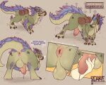 absurd_res ambiguous_gender anus beak bestiality bodily_fluids butt capcom dialogue disembodied_hand duo erection feathers feral fingers genital_fluids genitals glans green_body green_scales handjob hi_res knot looking_back male male/ambiguous monster_hunter mouth_closed multicolored_body penile penis precum purple_body purple_feathers quadruped rear_view scafen_(artist) scales scalie seikret sex solo text