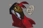  anthro beanie blush clothing dialogue female fin fish happy hat headgear headshot_portrait headwear looking_up marine open_mouth portrait red_body red_scales salmon salmonid_(fish) scales sharp_teeth shoyu_(velow) smile sockeye_salmon solo teeth velow yellow_eyes 