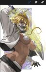  1girl abs arm_up arrancar bleach blonde_hair braid breasts colored_eyelashes cropped_jacket dark-skinned_female dark_skin green_eyes hashtag-only_commentary highres ikuyoan jacket large_breasts long_hair looking_at_viewer mask mouth_mask navel open_clothes open_jacket revealing_clothes signature simple_background skull_mask skull_on_head solo sword tier_harribel weapon white_jacket 