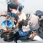  1girl alice_(sinoalice) black_gloves black_hair blue_gloves bracelet choker closed_mouth dress gloves grey_background jewelry lipstick makeup orb red_eyes ribbon senryoko short_hair sinoalice solo striped striped_legwear tattoo thighhighs tiara zettai_ryouiki 