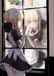  1girl a-senmei absurdres apron artoria_pendragon_(all) ass back bangs black_dress black_ribbon blonde_hair braid breasts dress fate/stay_night fate_(series) french_braid hair_bun hair_ribbon highres long_hair looking_at_viewer maid_headdress reflection ribbon saber_alter sidelocks small_breasts waist_apron white_apron window wrist_cuffs yellow_eyes 