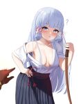  1girl ? accidental_pervert aether_(genshin_impact) alternate_costume alternate_hairstyle bare_shoulders blue_eyes blue_hair blunt_tresses blush breasts collarbone genshin_impact hair_censor hair_ornament hair_over_breasts hair_ribbon highres holding kamisato_ayaka long_hair looking_at_viewer medium_breasts mockingeu mole mole_under_eye open_clothes open_mouth pointing ribbon sidelocks standing sweat sword tress_ribbon very_long_hair weapon white_background wooden_sword 
