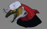  anthro baseball_cap clothing female fin fish hat headgear headshot_portrait headwear looking_at_viewer marine open_mouth portrait red_body red_scales salmon salmonid_(fish) scales sharp_teeth shirt shoyu_(velow) smile sockeye_salmon solo teeth topwear velow 