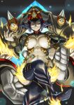  1girl ayamo_kaoru belly black_hair breasts chest_jewel cleavage colored_skin fire glasses green_skin hat high_heels highres large_breasts military_hat navel newt_(xenoblade) short_hair solo xenoblade_chronicles_(series) xenoblade_chronicles_2 