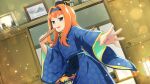  1girl blue_eyes blue_hairband blue_kimono blurry cowboy_shot depth_of_field dutch_angle game_cg hair_intakes hairband hat highres higurashi_no_naku_koro_ni higurashi_no_naku_koro_ni_mei holding_baton houtani_nao indoors japanese_clothes kimono lens_flare long_hair non-web_source official_art open_mouth orange_hair outstretched_arm print_kimono reaching reaching_towards_viewer ritual_baton shouji sliding_doors smile solo sparkle standing three_quarter_view wide_sleeves 