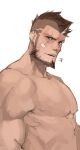  1boy abs bandaid bandaid_on_cheek bara bare_pectorals beard black_hair bulge cyphers damian_doyle_(cyphers) dark_skin dark_skinned_male facial_hair gomtang highres large_pectorals male_cleavage male_focus male_pubic_hair mature_male mohawk muscular muscular_male navel navel_hair nipples pectorals penis pubic_hair short_hair sideburns sidepec solo stomach stubble thick_thighs thighs third-party_source 