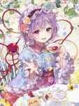  1girl artist_logo black_tea blue_shirt cake cup flower food frilled_hairband frilled_shirt_collar frilled_sleeves frills hairband heart holding holding_cup komeiji_satori logo looking_at_viewer open_mouth outstretched_hand purple_eyes purple_hair satori_day shirt short_hair sitting smile solo tea teapot third_eye touhou toutenkou twitter_username watermark watermark_grid wide_sleeves 