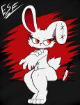  2spot_studio 3_toes absurd_res animate_inanimate anthro arm_tuft bare_shoulders barefoot big_butt blood bloody_bunny bloody_bunny_(series) bodily_fluids butt curvaceous curvy_figure digital_media_(artwork) electricsnowfox facial_tuft feet female fur hi_res lagomorph leporid long_ears mammal melee_weapon multicolored_eyes narrowed_eyes nude one_ear_up plushie rabbit red_eyes scar simple_background sitting solo stitch_(disambiguation) thick_thighs toes tuft voluptuous weapon white_body white_fur wrist_tuft yellow_eyes 