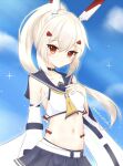  1girl armpit_peek armpits ascot ayanami_(azur_lane) azur_lane bangs belt blue_sky brown_eyes choker collarbone commentary_request detached_sleeves eyebrows_visible_through_hair eyes_visible_through_hair hair_between_eyes hair_ornament hairclip hand_on_own_chest head_tilt headgear highres long_hair looking_at_viewer midriff navel ponytail rengoku_(ashura0831) retrofit_(azur_lane) school_uniform serafuku sidelocks silver_hair sky smile solo twitter_username wide_sleeves 