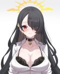  1girl absurdres black_choker black_hair blue_archive bra bra_peek choker cross cross_choker hair_over_one_eye halo hashtag-only_commentary highres hinata_(blue_archive) kurochomo lace-trimmed_bra lace_trim lingerie simple_background solo underwear upper_body white_background winged_halo yellow_halo 