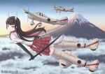  1girl 2others absurdres aircraft airplane anabuki_tomoko animal_ears black_hair blush bug cloud fly fox_ears fox_girl fox_tail hakama hakama_short_skirt hakama_skirt highres hime_cut holding japanese_clothes katana long_hair looking_at_viewer miko mountain multiple_others outdoors red_scarf scarf shikabiscuit skirt smile solo_focus strike_witches:_suomus_misfits_squadron striker_unit sword tail toeless_legwear weapon world_witches_series zettai_ryouiki 