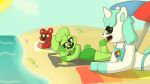 anthro beach beach_blanket beach_towel beach_umbrella bear bobby_bearhug clothing craftycorn equid equine female female/female fur grass green_body green_fur group hi_res hoppy_hopscotch horn lagomorph leporid mammal mob_entertainment mythological_creature mythological_equine mythology parasol plant poppy_playtime rabbit red_body red_fur sea sky smiling_critters summer sun swimming_trunks swimwear tinky towel trio unicorn water white_body white_fur