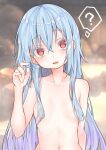  1other ? ai_cao bangs blue_hair blurry blurry_background breasts collarbone colored_eyelashes commentary_request depth_of_field eyebrows_visible_through_hair gradient_hair hair_between_eyes hand_up head_tilt highres long_hair multicolored_hair nipples nude parted_lips purple_hair red_eyes rimuru_tempest small_breasts solo spoken_question_mark tensei_shitara_slime_datta_ken upper_teeth very_long_hair water 