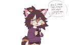  2021 anthro brown_body brown_fur cellphone cercat clothed clothing dialogue domestic_cat english_text felid feline felis fur hi_res holding_cellphone holding_object holding_phone kily_(cercat) mammal phone simple_background solo speech_bubble text white_background 